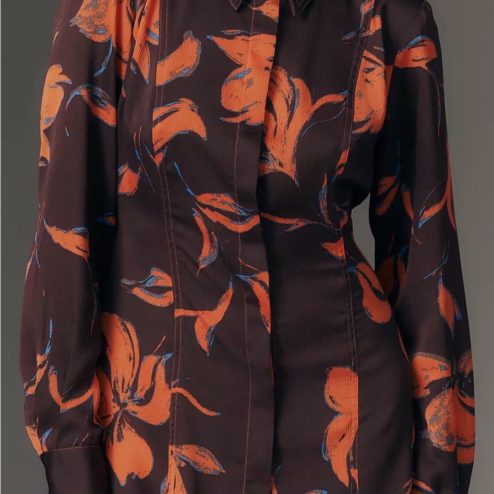 Anthropologie Brown Long-Sleeve Blouse with Orange Floral Print